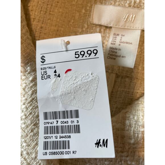 H&M Tweed Cream Moto Jacket NWT Fringe Hem Silver Hardware Sz 4 Shabby Chic - Picture 6 of 13